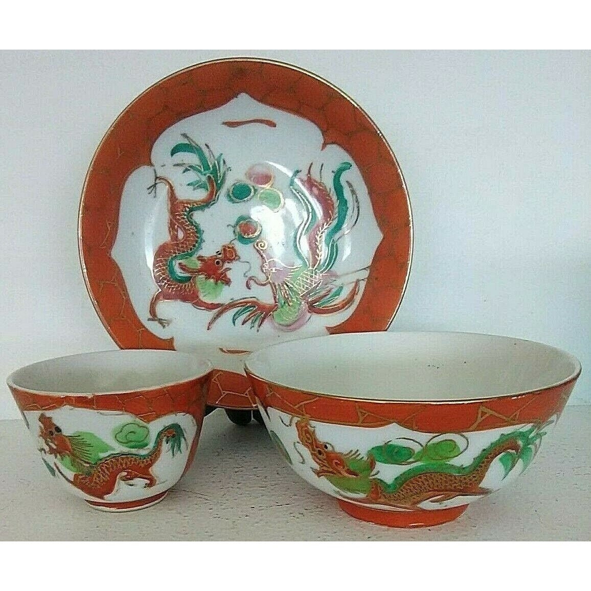 Platos Dragones Antiguo Chino Vintage Set Plato De Porcelana Pintado A Mano  Taza Tazón -  México