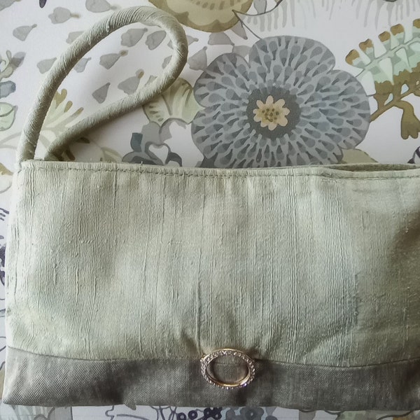 Bag Wristlet Vintage 90 Clutch Purse Raw Silk Light Green Rhinestone Brooch 5x9"