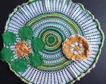 3 napperons vintage faits main au crochet, cadeau d'artisanat mandala vert jaune