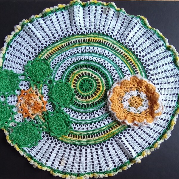 DOILIES 3 Vintage Handmade Crochet Table Mats Green Yellow Mandala Crafts Gift