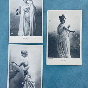 Francês Brocante 3 Postais Art Nouveau "Les Cinq Sens" 3 Mulheres Borda Branca