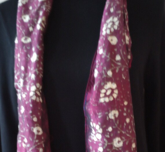 Silk Scarves 2 Vintage Batik Floral Winer/Cream, … - image 2