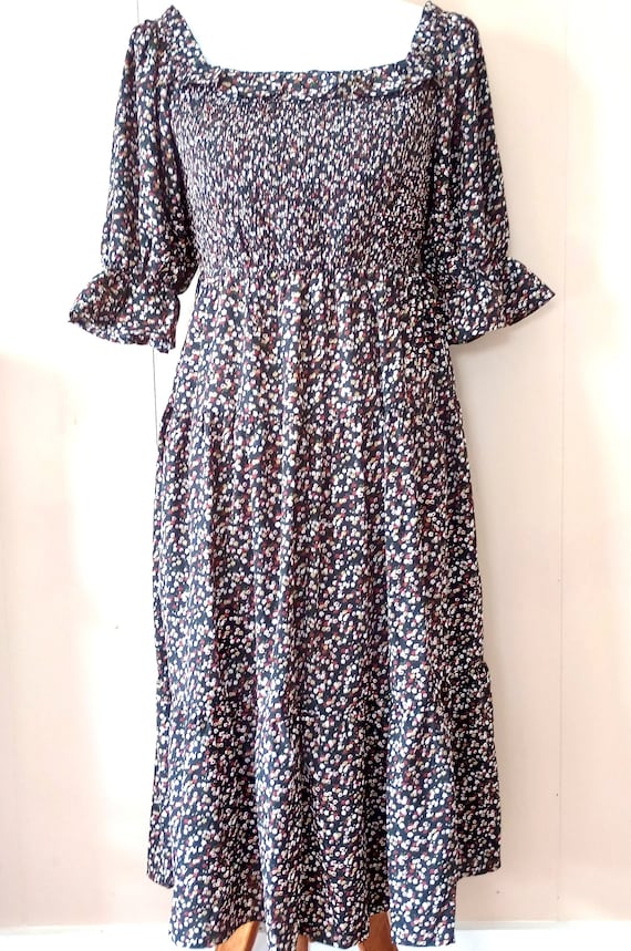 Vintage Clothing 1990s Dress Large Black Calico Fl