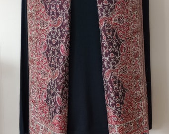 Scarf Shawl Wrap Black Red Tan Paisley Fringe Border Elegant Reversible 80"