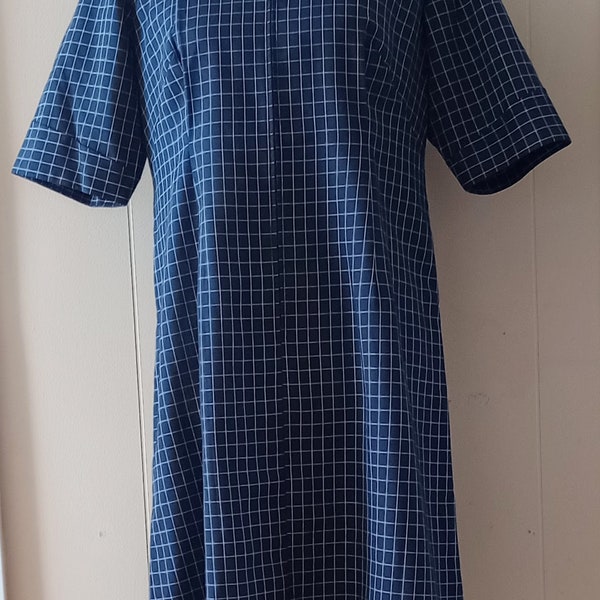 Vintage Clothing Mamasan Dress Mid-20th Hand-Tailored Cotton-Wool Dark Blue-White Plaid Japan Retro Dressmaker