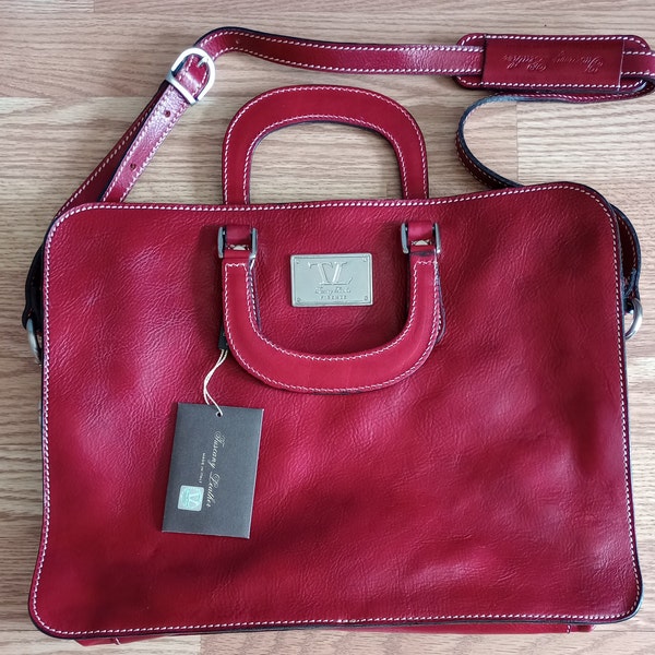 Bag Tuscany Leather Firenze Designer Laptop Briefcase Italy NWT Cherry Red Strap Zip Pockets Chrome Lined