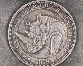 Hand Struck Morgan Silver Dollar White Rhino - Native/Nature/African .999 Silver Plated Replica Coin/Token/Medal