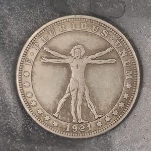 Dólar Morgan Hobo cunhado à mão - Homem Vitruviano do artista e cientista renascentista italiano Leonardo Da Vinci - Moeda/Ficha/Medalha