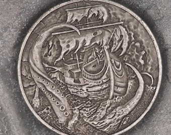 Hand Struck Memento Mori Kraken Sea Monster - No Pray No Pay - Skull/Ship/7 Sea's Pirate Heavy Coin Antiqued Plated Unique Collectors Coin