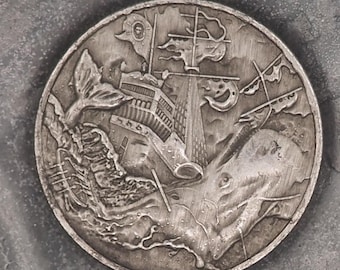 Hand Struck Memento Mori Whaling Ship - No Pray No Pay - Skull/Kraken/Ship/7 Sea's Pirate Heavy Coin Antiqued Plated Unique Collectors Coin