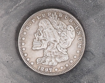 Hand Struck Morgan Silver Dollar Carved/Hobo/Skull/Vanitas/MementoMori/Death/Freemasonry/Masonic .999 Silver Plated Replica Coin/Token/Medal