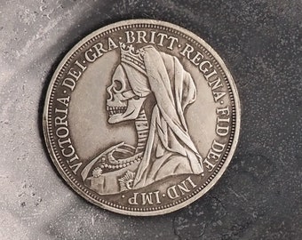 Hand Struck Hobo 1895 Queen Victoria Skull/MementoMori Head One Crown Coin - Great Britain .999 Silver Plated Replica Coin/Token/Medal