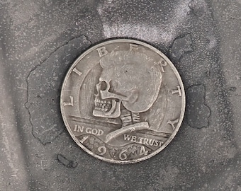 Hand Struck Half Dollar Carved President - &quot;In God We Trust&quot; - Skull/Vanitas/MementoMori/Death .999 Silver Plated Replica Coin