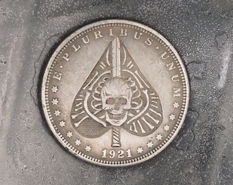Hand Struck Skull Ace Of Spades - Lucky Poker Chip - U.S.A. Morgan Dollar .999 Plated Replica Coin/Token For A Cabinet Of Curiosities