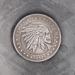 Hand Struck Morgan Silver Dollar Carved/Hobo/Skull/Vanitas/MementoMori/Death/Western/Warrior .999 Silver Plated Replica Coin/Token/Medal