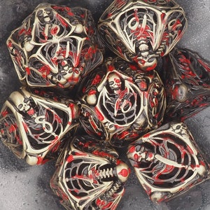 Dämon Skelett Gold Blutbemalt Metall Hohl 7 Stück D20 Würfel Set-D&D Dungeons And Dragons/MTG/RPG/TableTopGames-Memento Mori/Skull/Vanitas