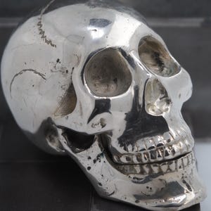 Anatomical Silvered Macabre Gothic Oddity: A Memento Mori Vanitas Skull Solid Metal Cast Sculpture / Postmortem Death Mask Art Curio