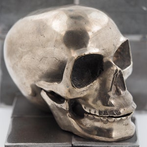 Aged Anatomical Silvered Macabre Gothic Oddity: A Memento Mori Vanitas Skull Solid Metal Cast Sculpture / Postmortem Death Mask Art Curio