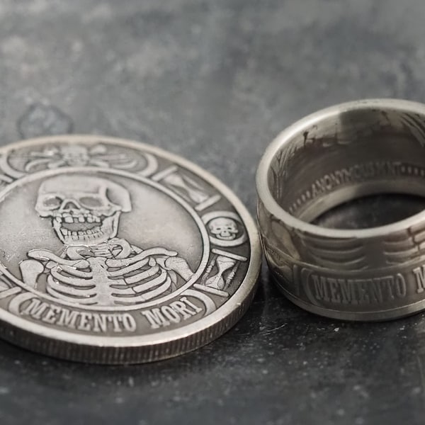 Original Memento Mori Design, Vanitas Skull Silver Plague Mourning Ring - A Heavy Hand Forged, Gothic Gift For Him Or Her - Silver Covered