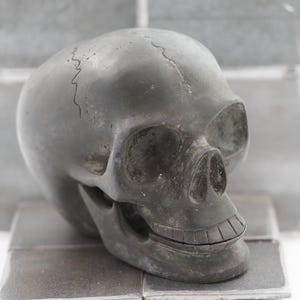 Aged Anatomical Matte Black Macabre Gothic Oddity: A Memento Mori Vanitas Skull Solid Metal Cast Sculpture / Postmortem Death Mask Art Curio
