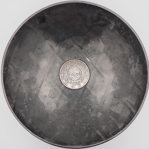 May include: A silver coin with a skull and crossbones design and the words "Memento Mori" around the edge, resting in a gray metal bowl.