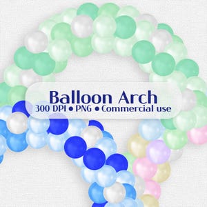 Peut inclure: Une arche de ballons colorés dans des tons de bleu, vert, blanc, rose et jaune. Le texte "Balloon Arch" est affiché sur une bannière blanche. L'image comprend également le texte "300 DPI • PNG • Commercial use."