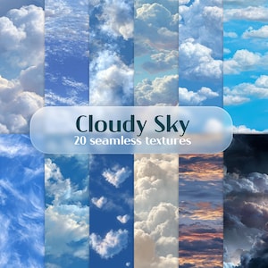 Op de afbeelding: Een digitaal kunstwerk met 20 naadloze texturen van bewolkte luchten. De afbeelding is verdeeld in verticale panelen, elk met verschillende wolkenformaties tegen blauwe luchten. Een banner leest "Cloudy Sky" en "20 seamless textures".