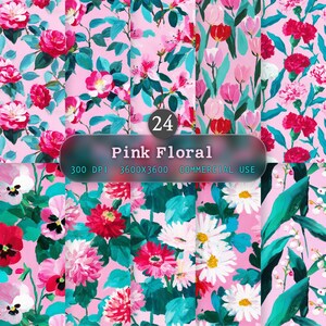 Puede incluir: Una colección de 24 papeles digitales florales rosas. Los papeles presentan varios patrones florales en tonos de rosa, rojo, blanco y verde. La imagen incluye el texto "Pink Floral", "300 DPI", "3600x3600" y "Commercial Use".