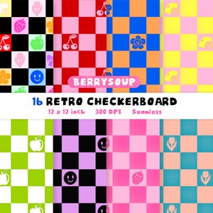 Könnte beinhalten: Eine Sammlung von 16 Retro-Karomustern in verschiedenen Farbkombinationen. Jedes Muster zeigt ein kariertes Design mit Obst-, Blumen- und Smiley-Illustrationen. Der Text "BERRYSOUP" ist auf einem rosa Banner zu sehen. Die Muster sind 30,48 x 30,48 cm groß.