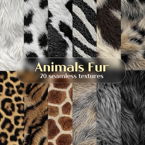 Könnte beinhalten: Eine Sammlung von 20 nahtlosen Tierfelltexturen. Das Bild zeigt verschiedene Muster, darunter Zebrastreifen, Leopardenflecken und Giraffenmuster. Der Text "Animals Fur" und "20 seamless textures" ist auf einem Banner zu sehen.
