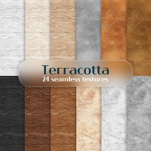 May include: A selection of 24 seamless terracotta textures in diverse shades, such as white, beige, brown, grey, and black. The textures are arranged in vertical panels, with a banner reading "Terracotta" and "24 seamless textures".