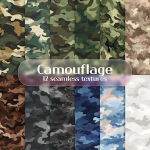 Op de afbeelding: Een verzameling van 12 naadloze camouflage-texturen in verschillende kleurenschema's. De patronen bevatten tinten groen, bruin, grijs en blauw, met een mix van organische en abstracte vormen. De tekst "Camouflage 12 naadloze texturen" is inbegrepen.