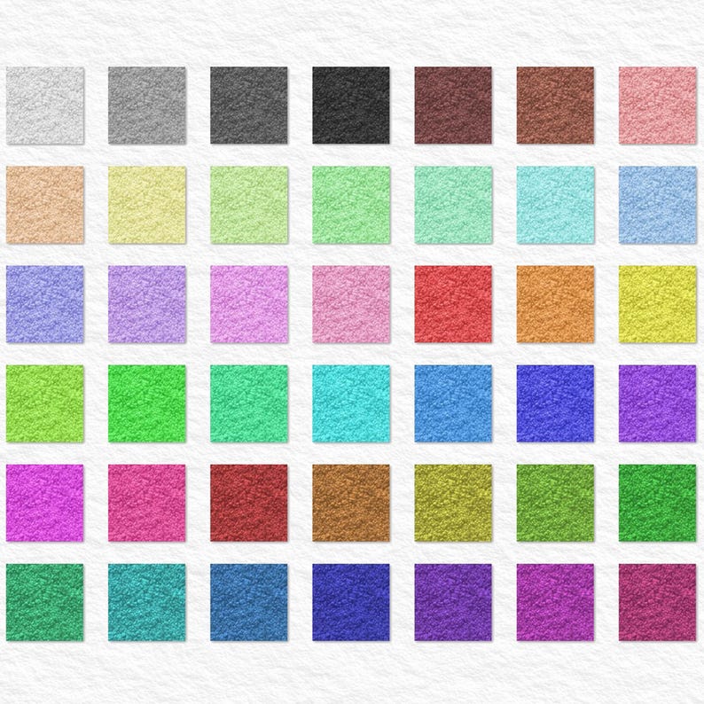 May include: A grid of 36 colorful squares, each with a textured, speckled appearance. The squares display a variety of colors, including shades of gray, brown, pink, green, blue, and purple. The squares are arranged in a 6x6 pattern against a white, textured background.