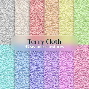 Pode incluir: Uma coleção de 43 texturas de tecido felpudo sem costura em várias cores, incluindo cinza, branco, vermelho, bege, amarelo, verde, turquesa, azul, roxo e rosa. A imagem apresenta uma faixa gradiente com o texto "Terry Cloth" e "43 seamless textures."