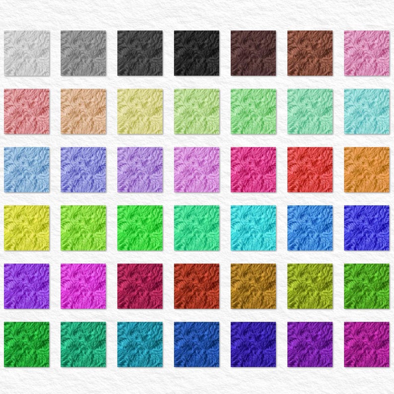 May include: A grid of 36 square swatches, each displaying a different color of faux fur. Colors range from white, gray, and black to various shades of brown, pink, blue, purple, green, yellow, and orange. The fur appears soft and textured.