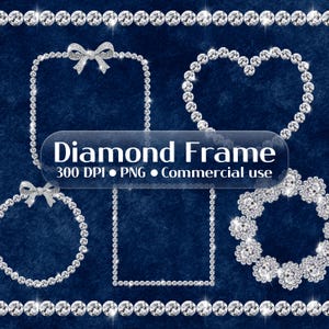 May include: Digital graphic of diamond frames and borders on a dark blue background. The image includes a heart, square, and circular frames, along with two borders. Text reads "Diamond Frame" and "300 DPI • PNG • Commercial use."