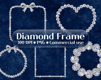 Luxury Diamond Borders Clipart, Sparkly Crystal Square Frames with Bows, Rhinestone Photo Overlays, Digital Wedding Invitation Borders PNG