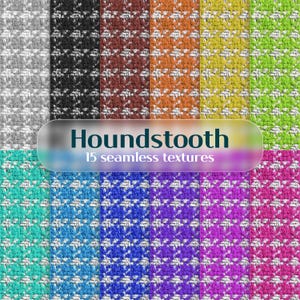 May include: A collection of 15 seamless houndstooth textures in various colors, including gray, black, brown, orange, yellow, green, teal, blue, purple, and pink. The image features a variety of houndstooth patterns with a white and colored design.