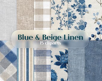 May include: A collection of blue and beige linen fabric swatches. The image features various patterns, including floral, plaid, and striped designs. The text "Blue & Beige Linen" and "15 cliparts" is displayed on a curved, translucent banner.