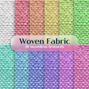 Puede incluir: Una colección de 30 texturas de tela tejida sin costuras en varios colores, incluyendo blanco, rosa, naranja, amarillo, verde, turquesa, azul, morado y rosa. La imagen presenta una variedad de muestras de tela coloridas y texturizadas con el texto "Woven Fabric" y "30 seamless textures".