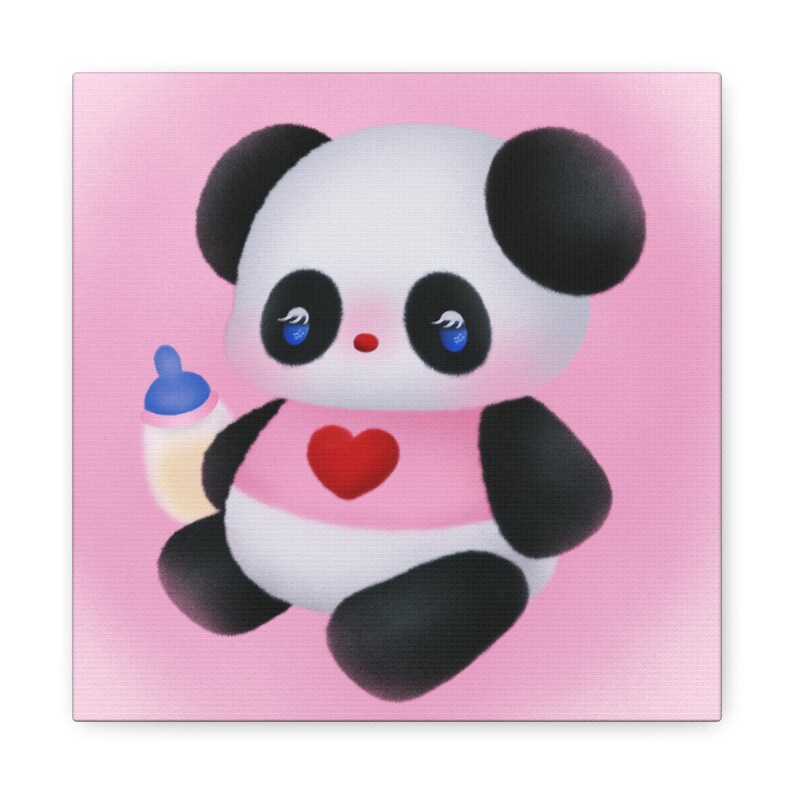 Kawaii Baby Panda Canvas Wall Art, Cute Nursery Decor, Pink Bear Print ...