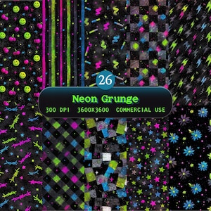 May include: A collection of 26 neon grunge digital papers. The designs feature various patterns, including cherries, smiley faces, barbed wire, and geometric shapes, all in vibrant neon colors on a black background. The image includes the text "Neon Grunge".