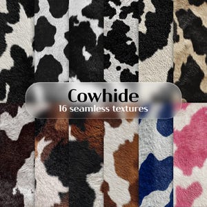 Może przedstawiać: Kolekcja 16 bezszwowych tekstur skóry krowiej w różnych kolorach i wzorach. Tekstury obejmują czarno-białe, brązowo-białe i inne kombinacje kolorów. Obraz zawiera tekst "Cowhide" i "16 seamless textures".