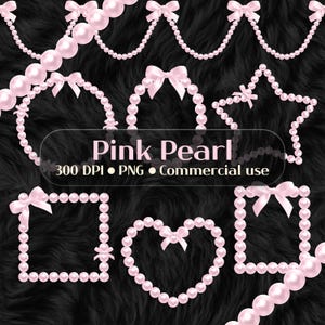 Puede incluir: Elementos de diseño de perlas rosas sobre un fondo negro. La imagen presenta varias formas, incluyendo una estrella, un corazón y un cuadrado, todas hechas de perlas rosas y adornadas con lazos rosas. El texto dice "Pink Pearl, 300 DPI, PNG, Commercial use."