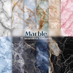 May include: A selection of 15 seamless marble textures in diverse colours, including white, grey, blue, pink, and black. The textures showcase natural veining patterns and gold accents. The word "Marble" and the text "15 seamless textures" are displayed.