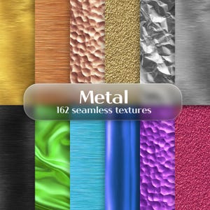 May include: A collection of 162 seamless metal textures. The image displays various metallic surfaces, including gold, wood grain, hammered copper, and crumpled foil. The textures are arranged in a grid, with a banner reading "Metal" and "162 seamless textures".