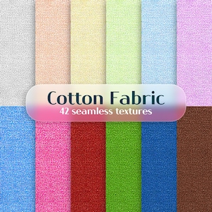 May include: A selection of 12 seamless cotton fabric textures in diverse colours, such as grey, peach, yellow, green, blue, pink, red, and brown. The image features the text "Cotton Fabric" and "42 seamless textures".