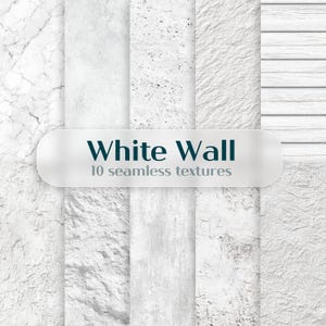 May include: A collection of ten seamless white wall textures. The textures include marble, speckled, and wood grain patterns. The image features a banner with the text "White Wall" and "10 seamless textures".