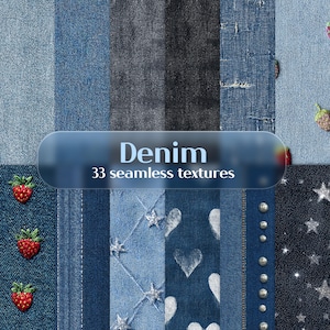 Könnte beinhalten: Eine Sammlung von Denim-Texturen in verschiedenen Blau- und Grautönen. Das Bild zeigt eine Vielzahl nahtloser Denim-Muster, darunter einige mit gestickten Erdbeeren, Sternen und Herzen. Der Text "Denim 33 seamless textures" wird auf einem transparenten blauen Banner angezeigt.