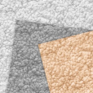May include: Close-up of three different textured fabrics. The top left is a light gray, the middle is a darker gray, and the bottom right is a tan color. All three fabrics have a soft, fluffy texture.